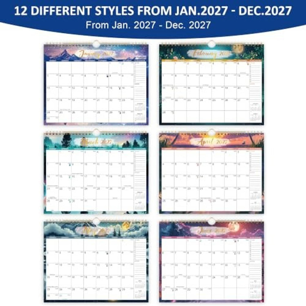 12 different Jan–Dec 2027 calendar style previews on a hanging display
