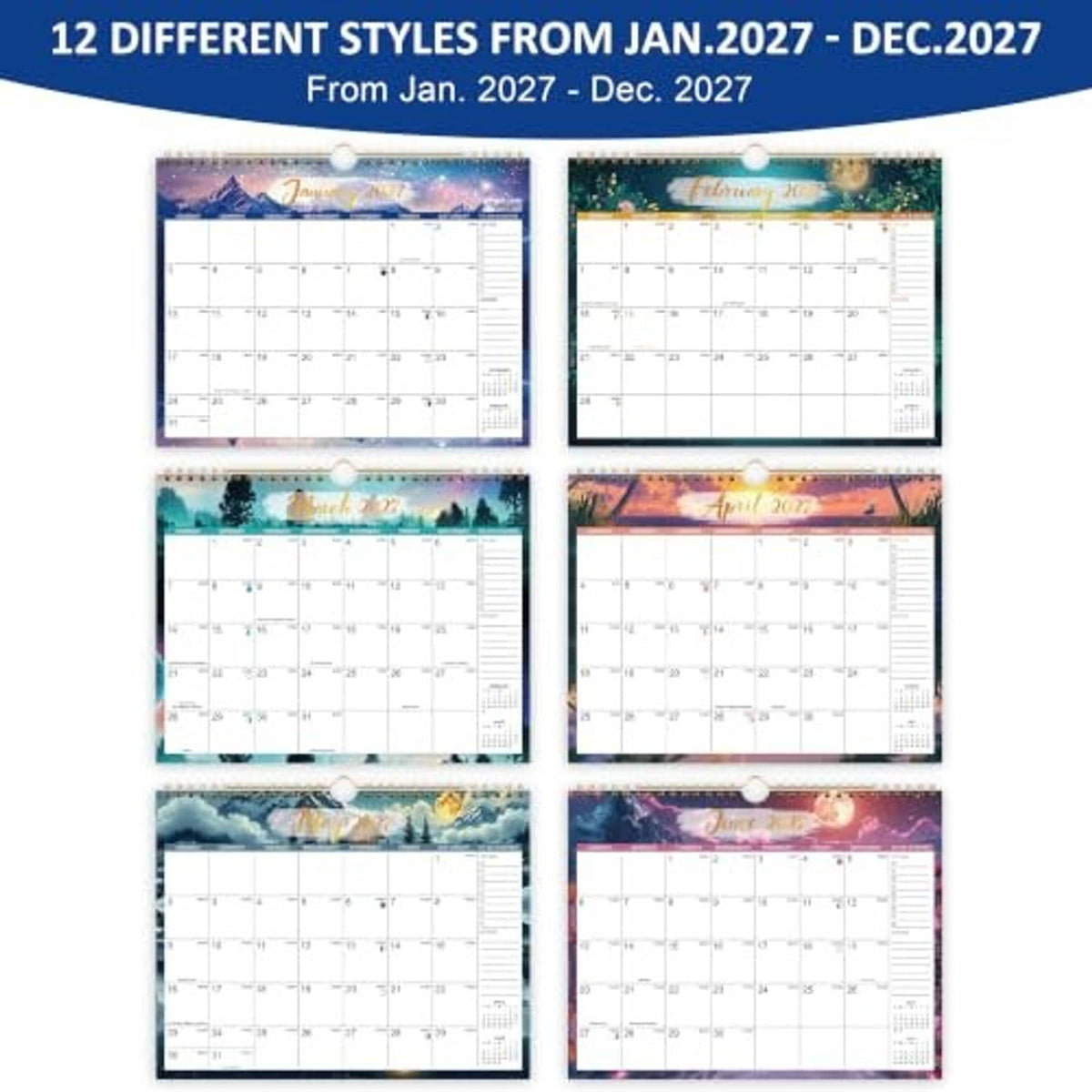 12 different Jan–Dec 2027 calendar style previews on a hanging display