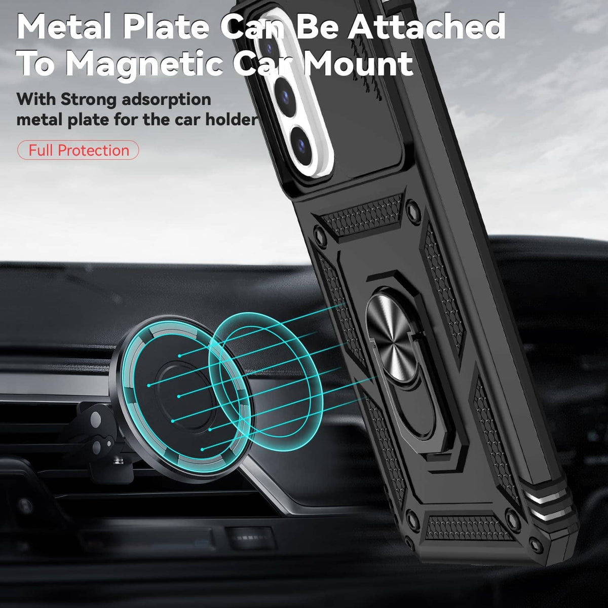 Black rugged phone case with camera lens cover and ring stand on car vent mount