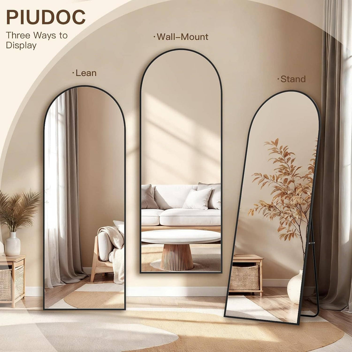 Arched full-length mirror with black frame shown leaning and standing in three arrangements.