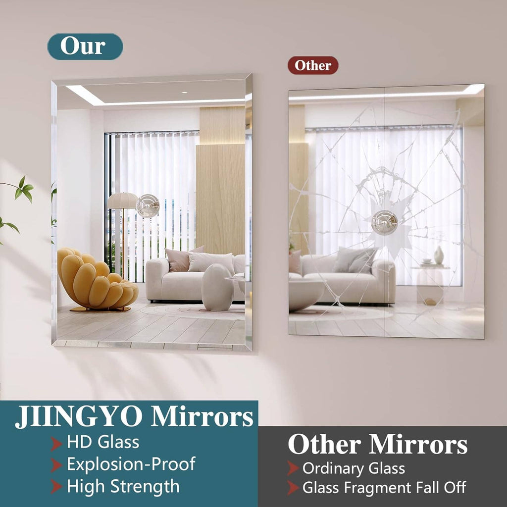 Wall-mounted bathroom mirror with beveled edge shown in a split comparison layout