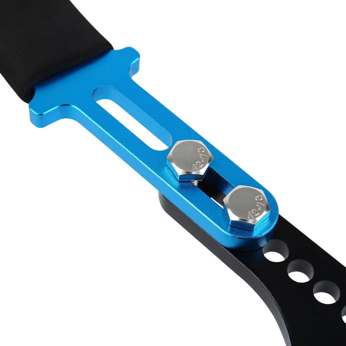 Blue handbrake pedal-style handle with dual silver adjustment clamps on black track