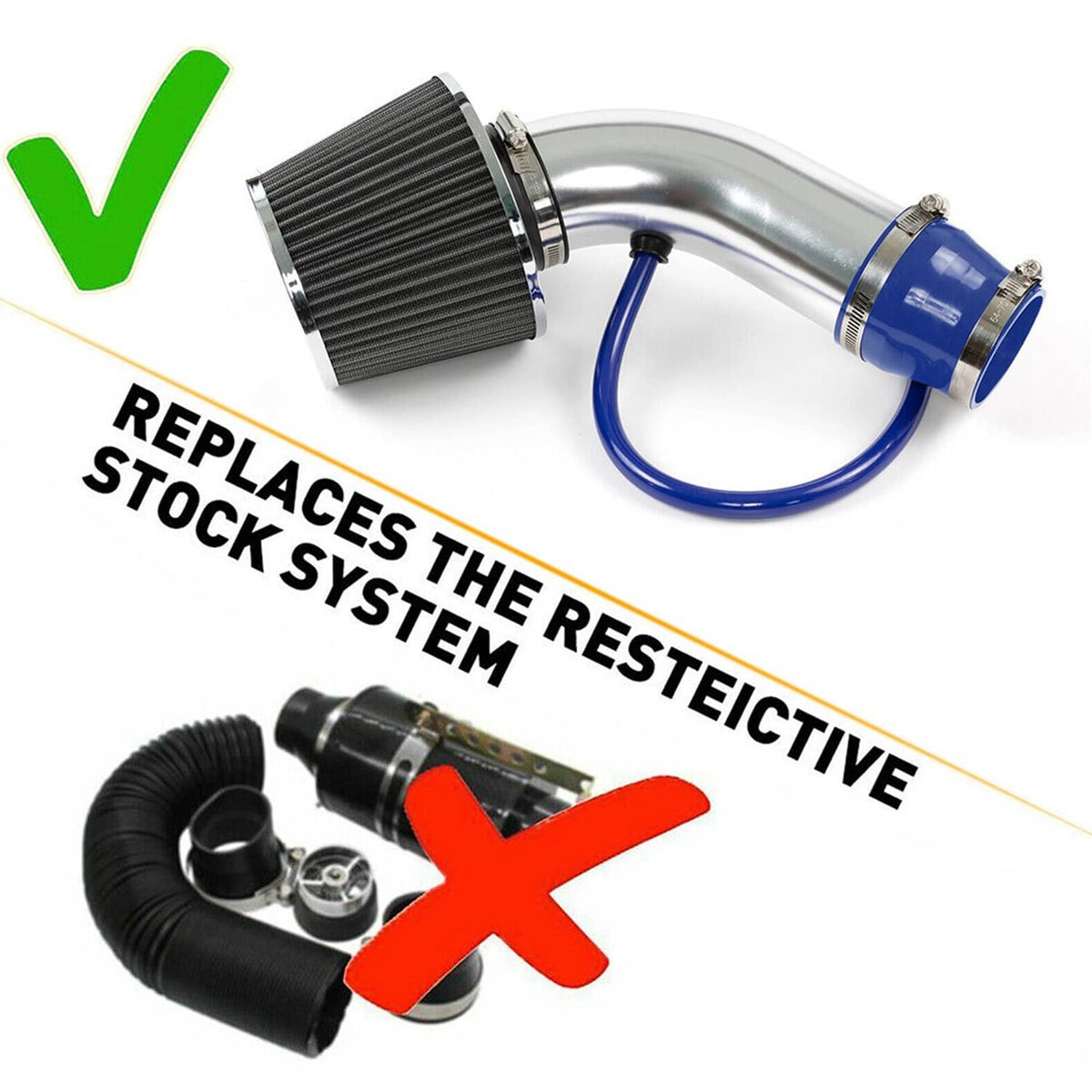 Cold air intake filter kit with blue hose and chrome pipe, replace system instruction graphic