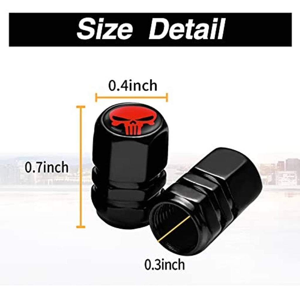 Black tire valve stem caps with red skull emblem, size detail with measurements