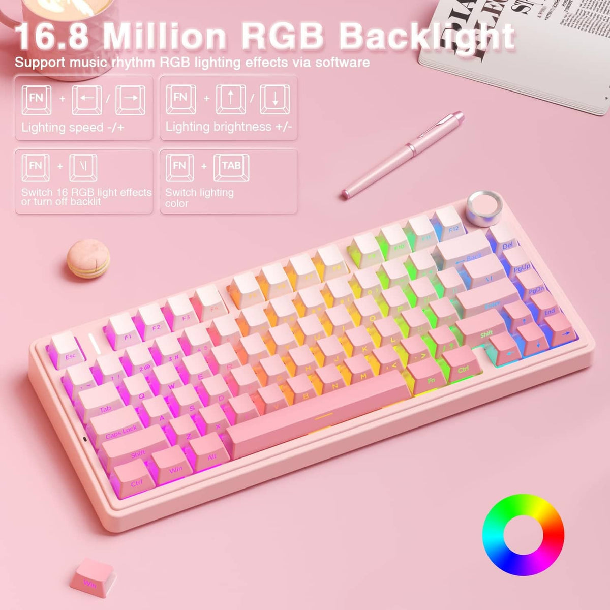 Pink mechanical keyboard with bright RGB backlight, multicolor keycaps, and silver knob