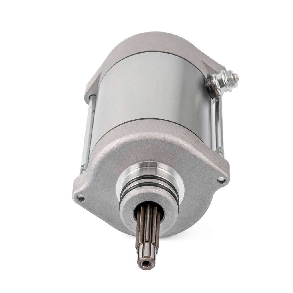 Silver starter motor end view with output shaft and front housing opening