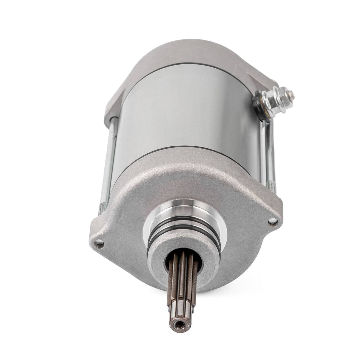 Silver starter motor end view with output shaft and front housing opening