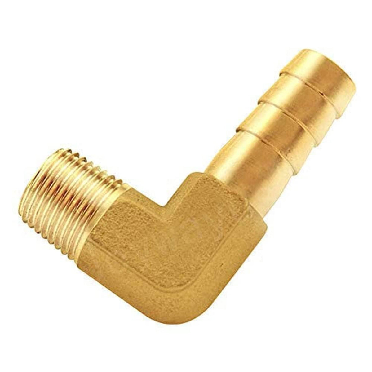 Brass 90-degree elbow hose fitting with barbed outlet and male threaded end