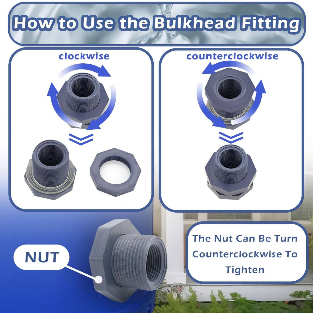 Bulkhead fitting nut and connector components for PVC rain barrel diverter kit