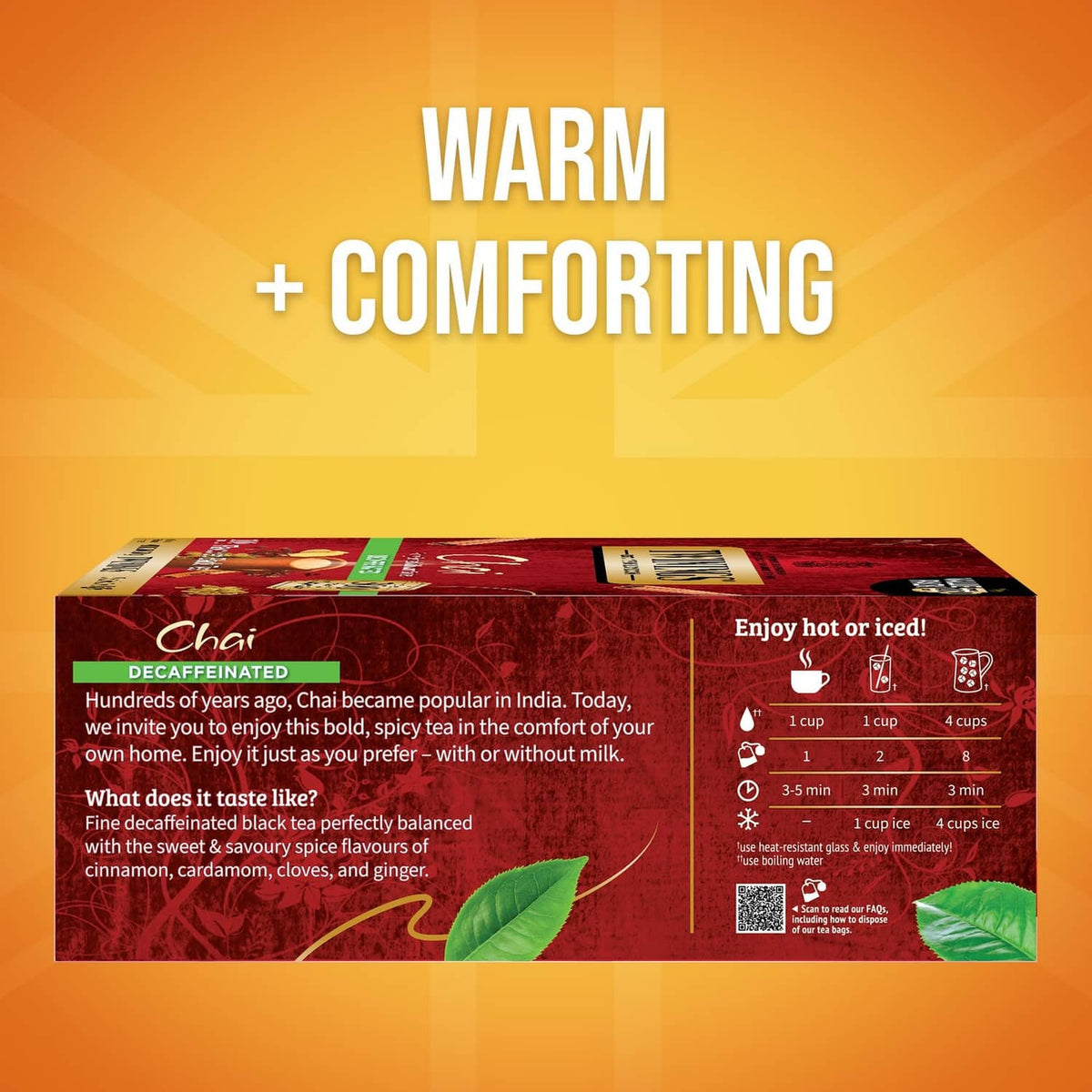 Chai decaffeinated tea bags box shown open-style, with serving instructions graphic