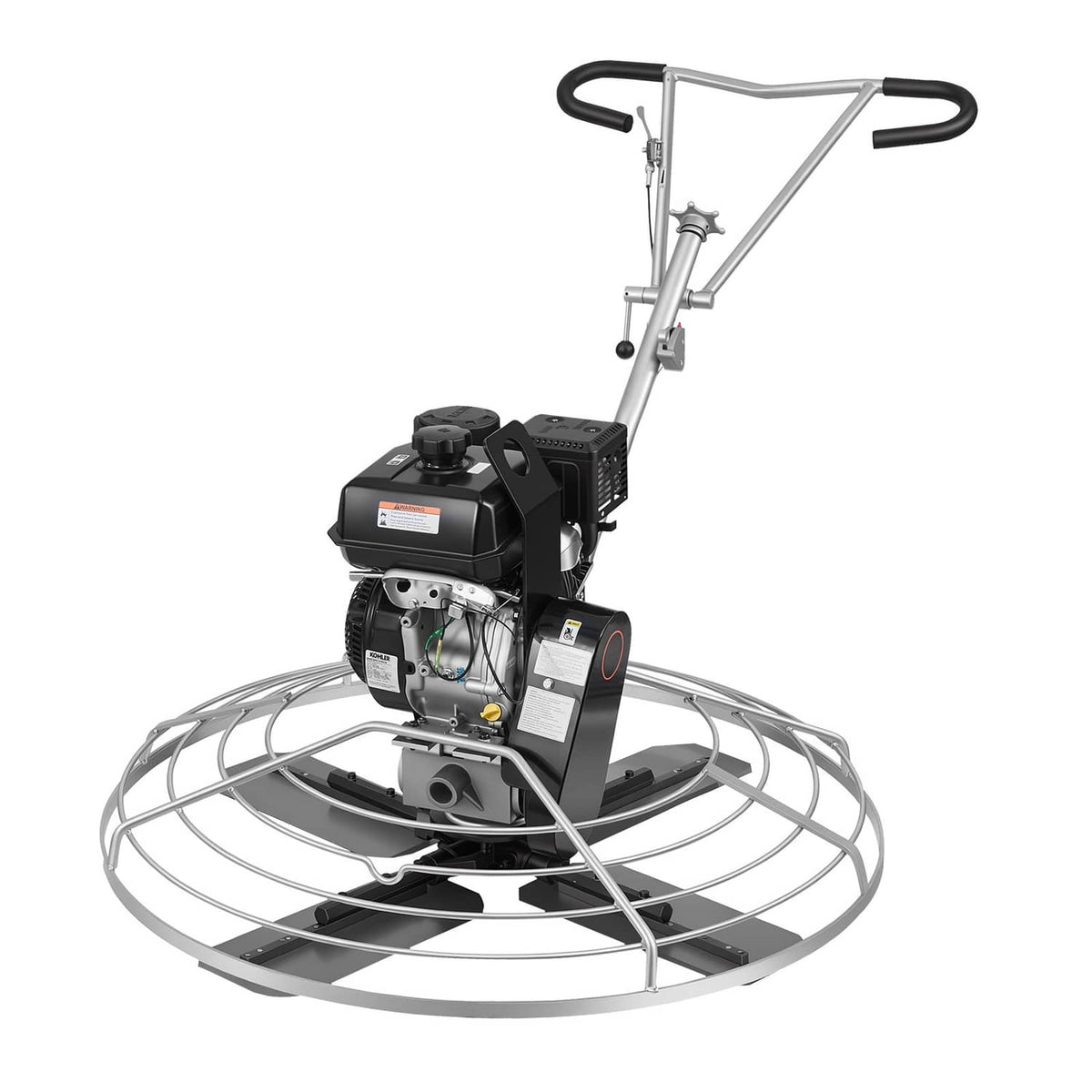 Gas concrete power trowel angled view with engine housing, long handle, and round base