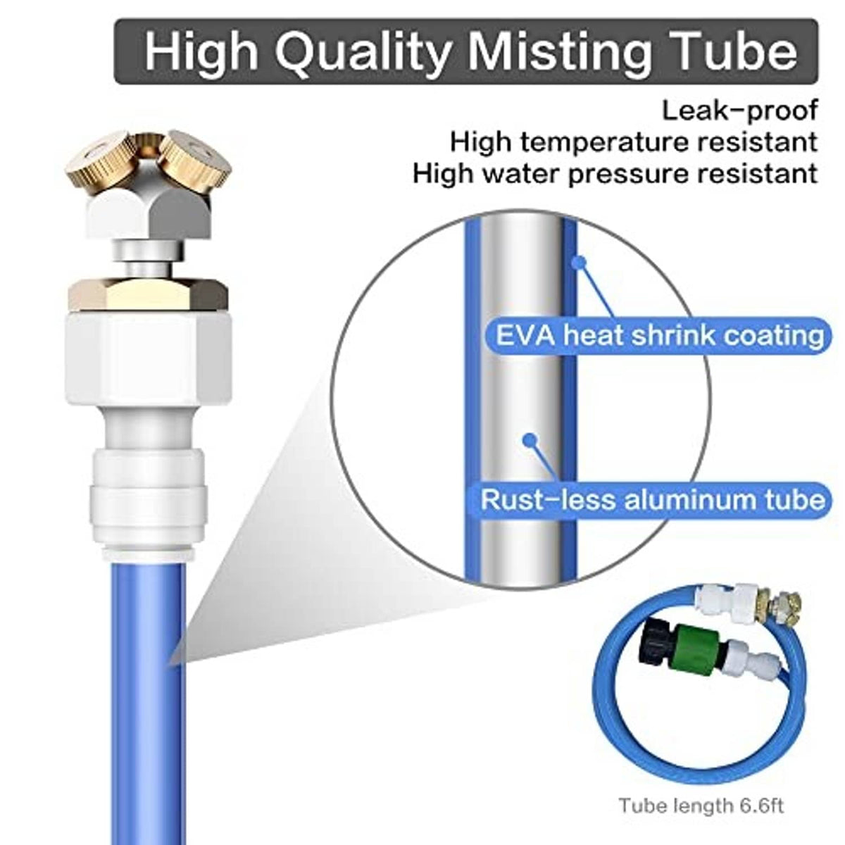Leak-proof misting tube assembly with brass nozzle head and blue hose section