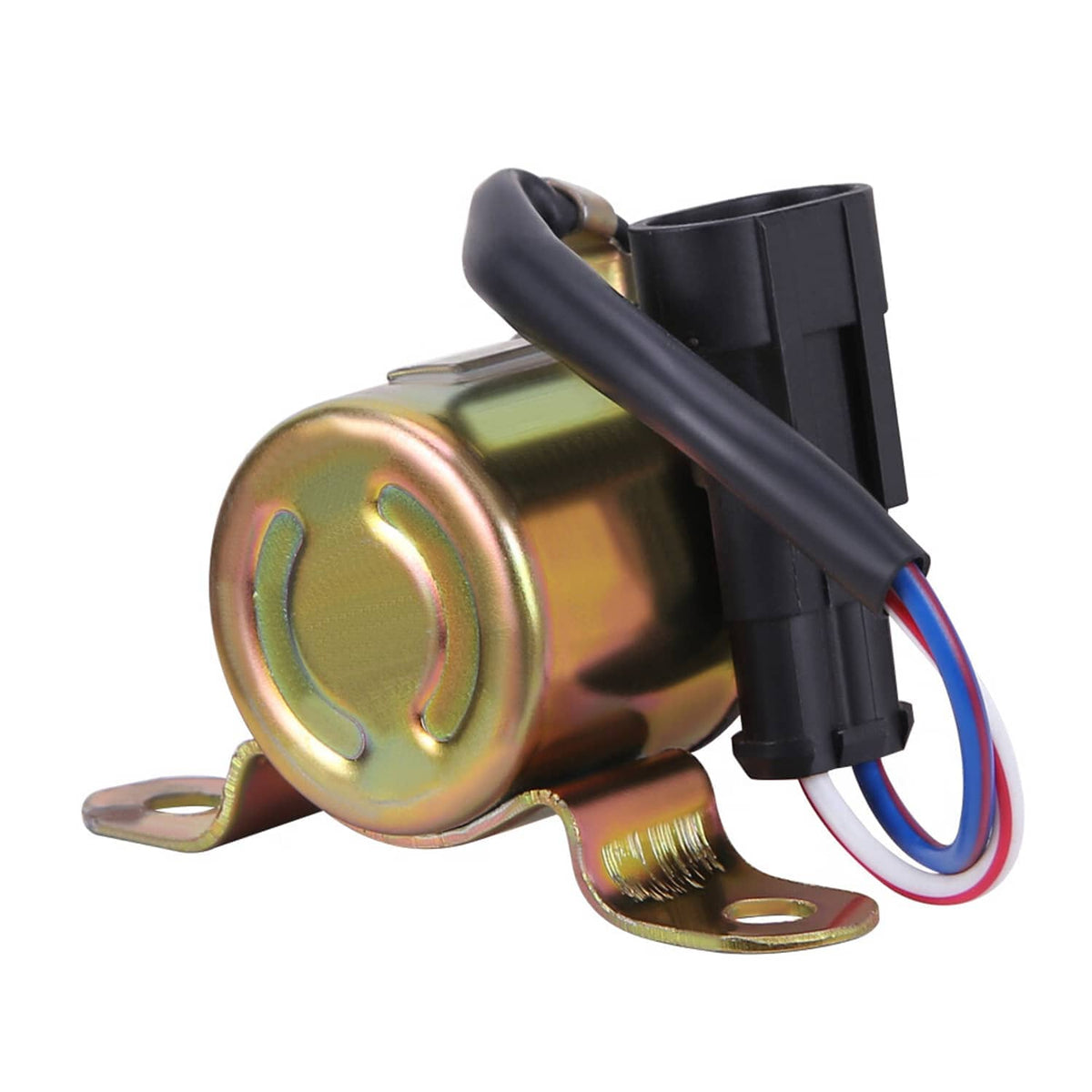 Starter solenoid relay with gold canister body and black cable connector