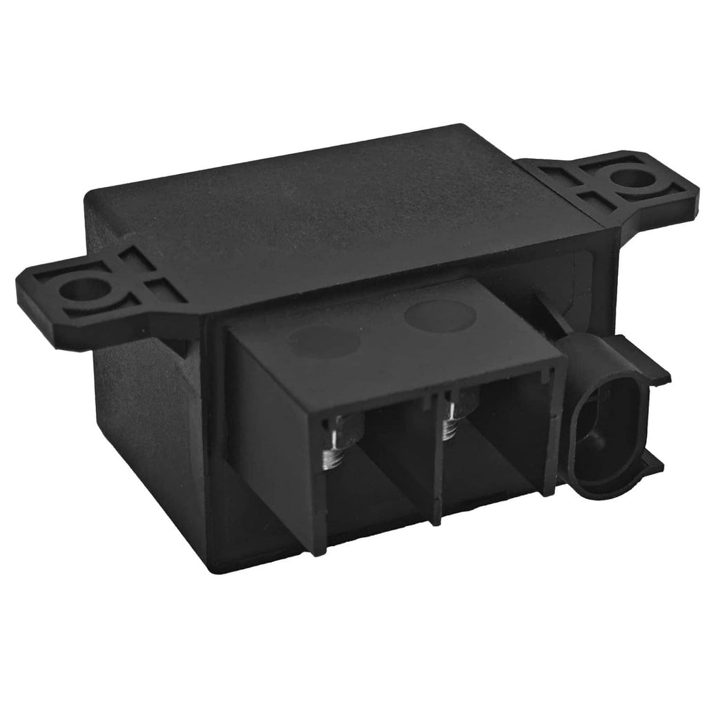 Black relay module with open terminal cavity and two metal contacts