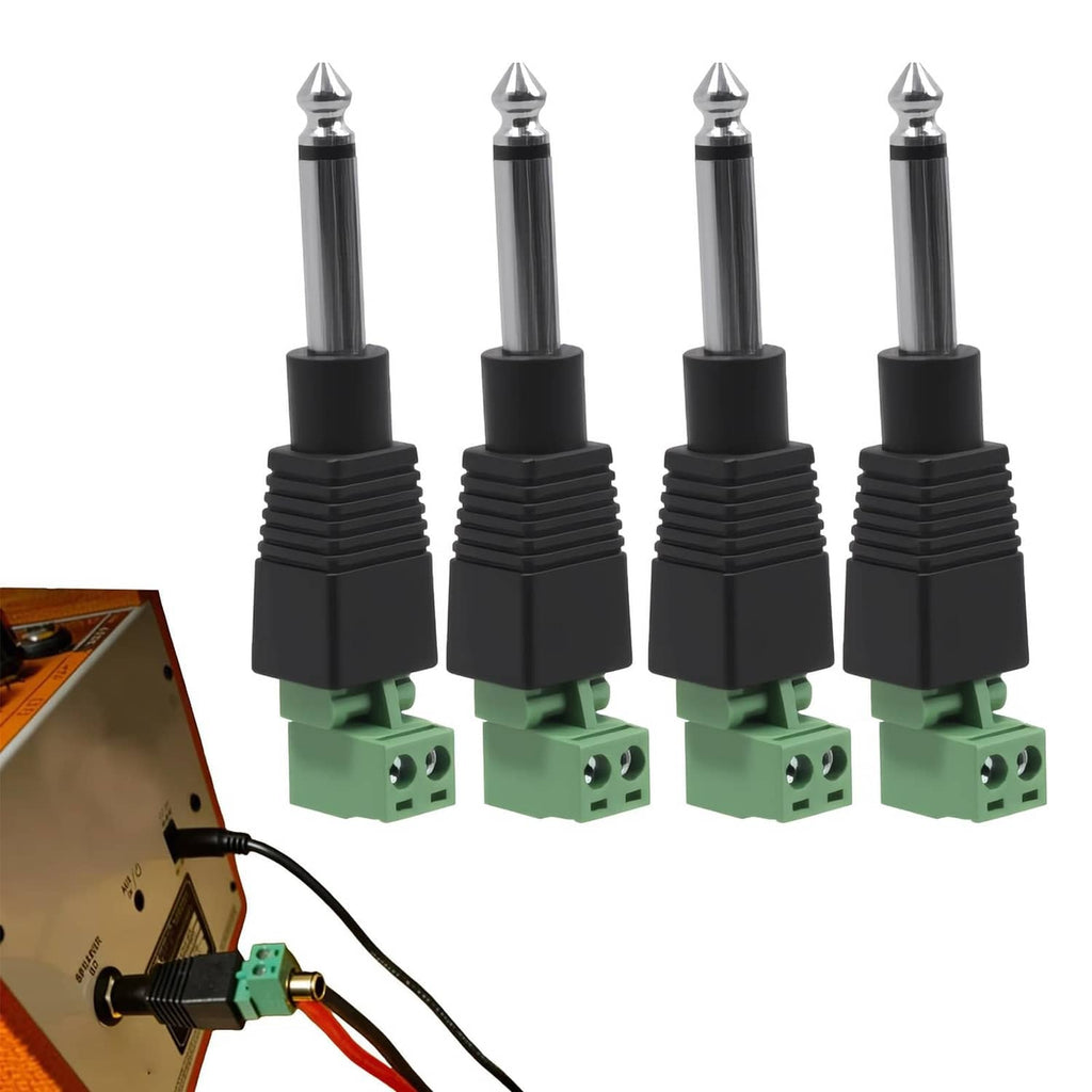 Set of four 6.35mm mono audio jack plugs with connected cable and green terminals