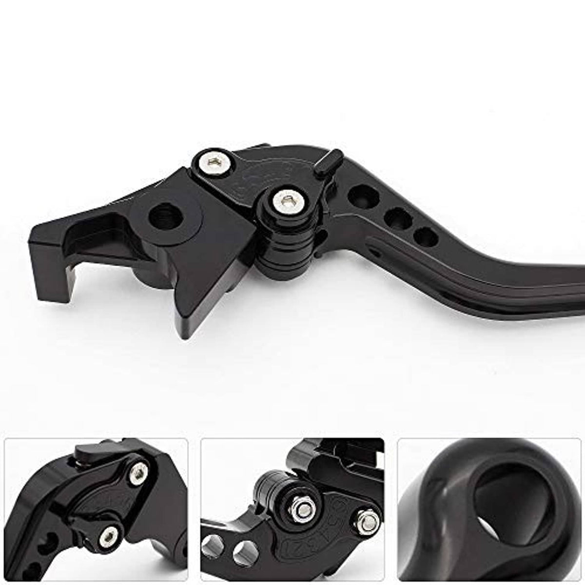 Black CNC short brake lever pivot detail with multi-hole bracket and screw hardware