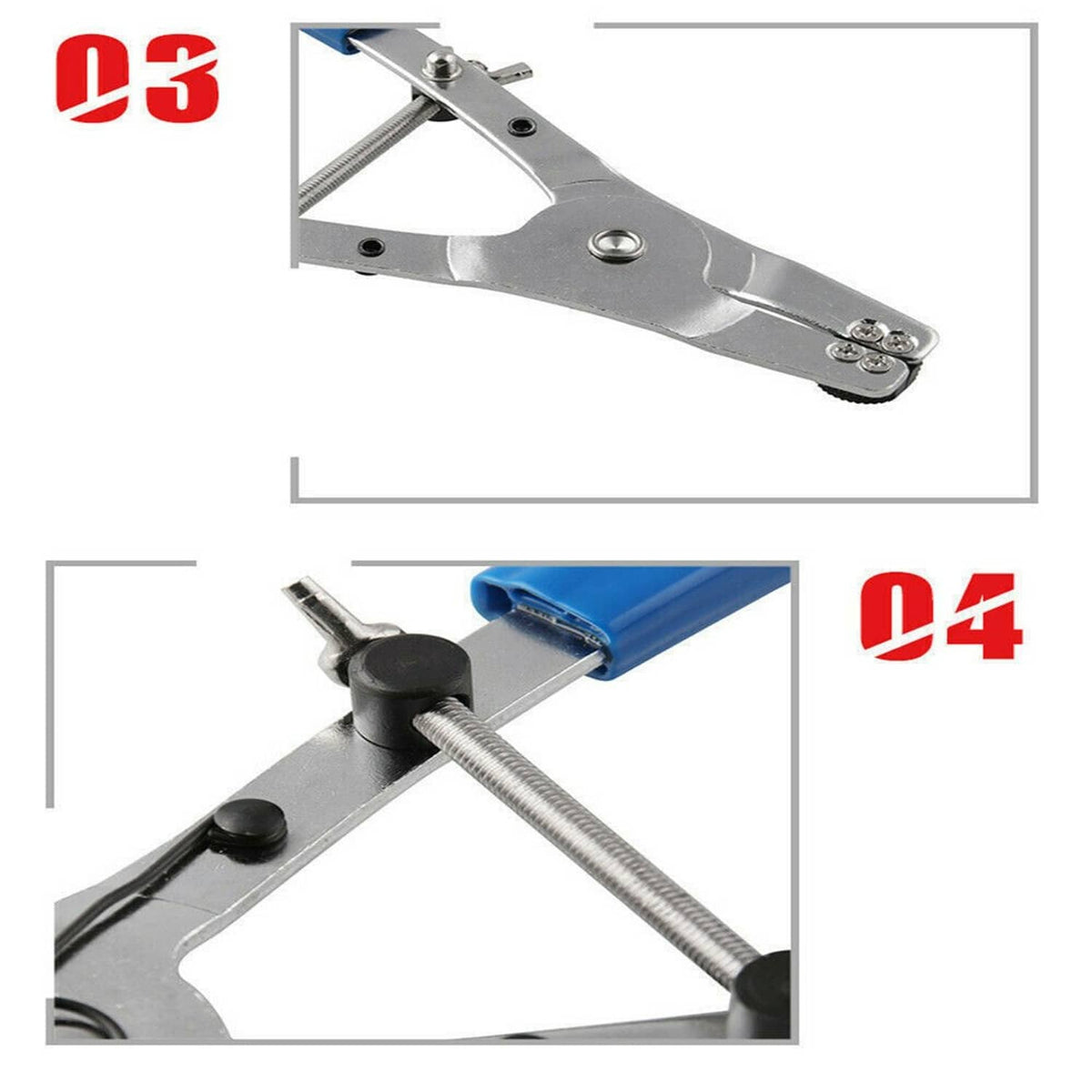 Brake caliper piston removal tool detail of lever pivot bolt and blue handle grips