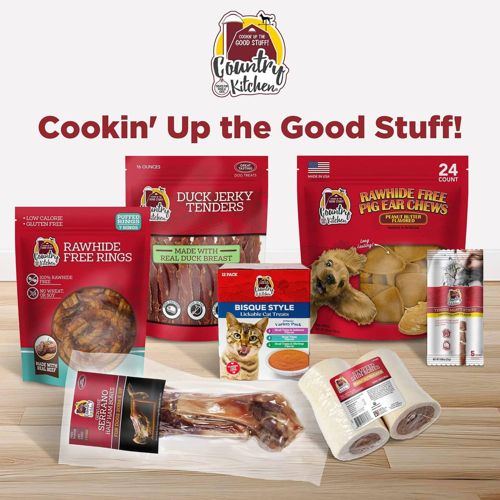 Assorted Country Kitchen rawhide-free dog chew packages on a table