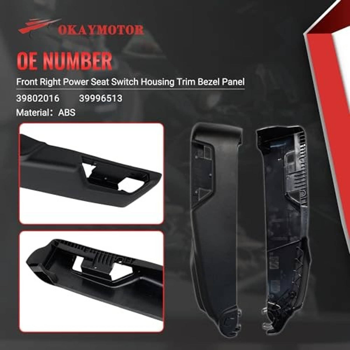 Black ABS power seat switch trim bezel panel housing with close-up insert openings