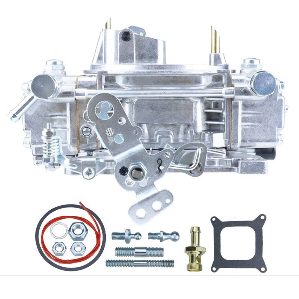 Silver 4-barrel carburetor with manual choke, detailed side view and accessory kit