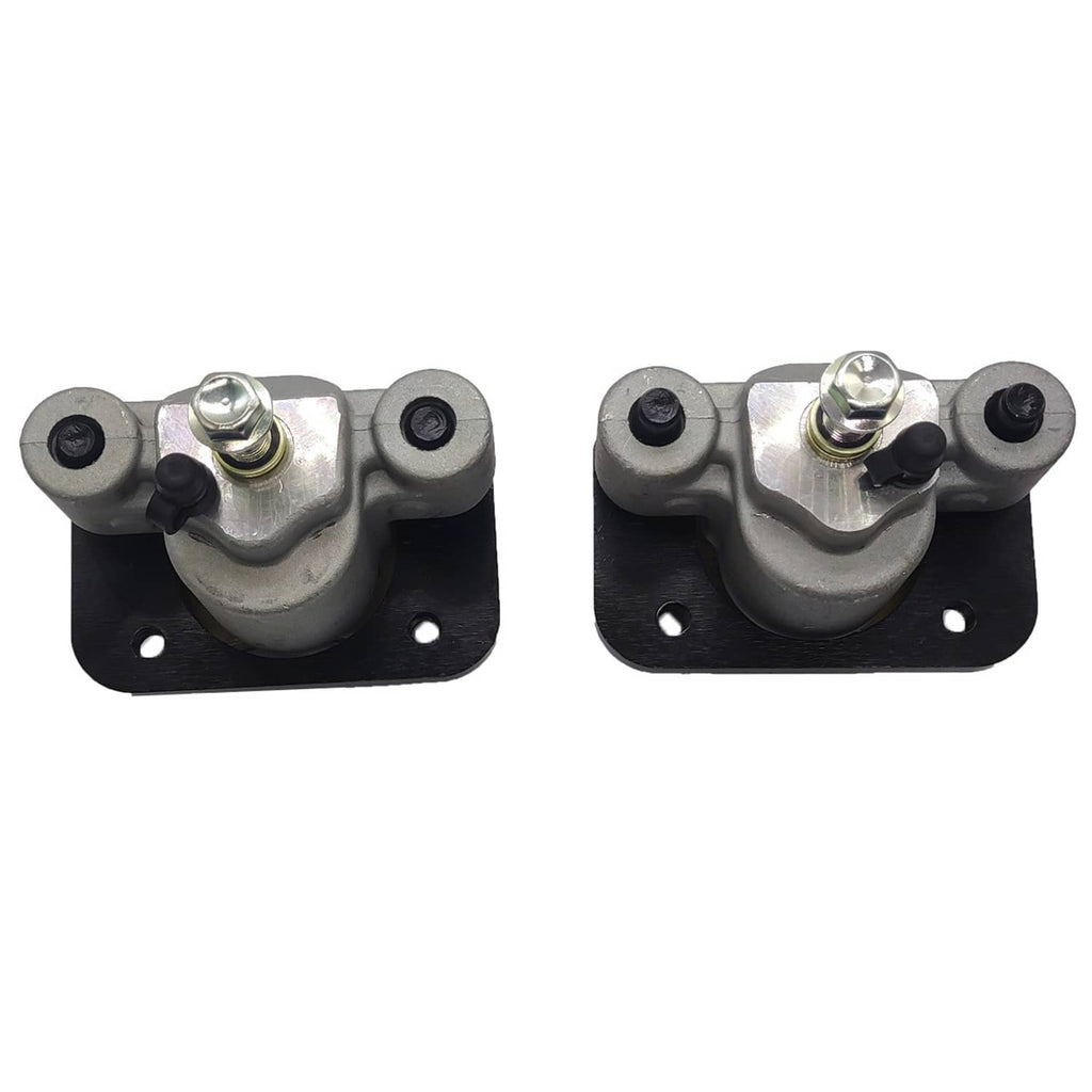 Front brake caliper assembly in gray with black mounting plate and mounting bolts.