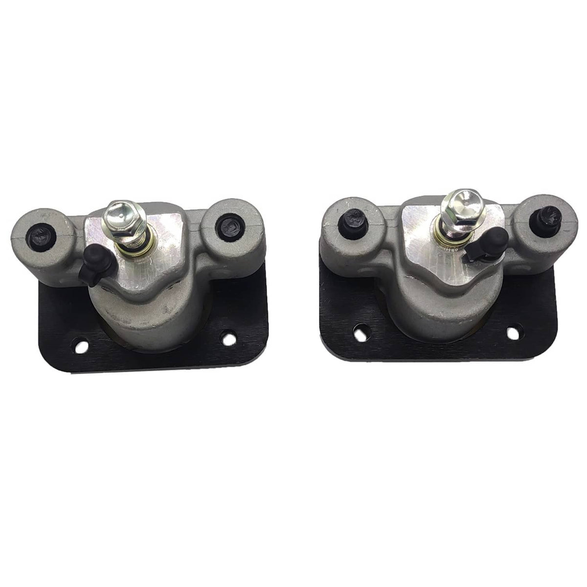 Front brake caliper assembly in gray with black mounting plate and mounting bolts.