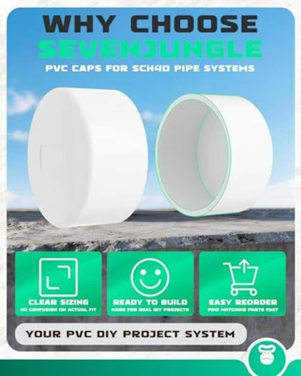 White PVC end caps for SCH0 pipe systems, end cap view with inner opening