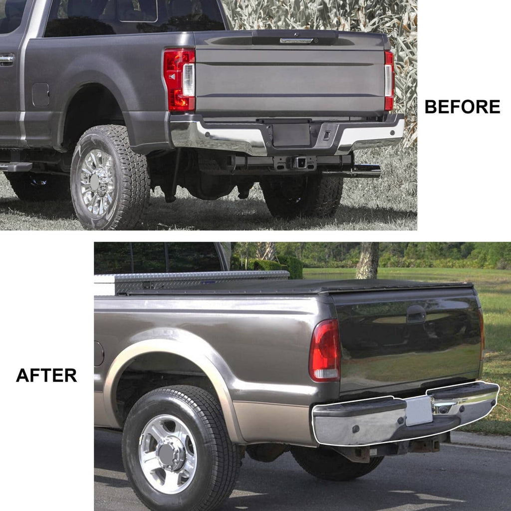 Installed chrome rear step bumper on pickup truck with black step pad and sensor cutout