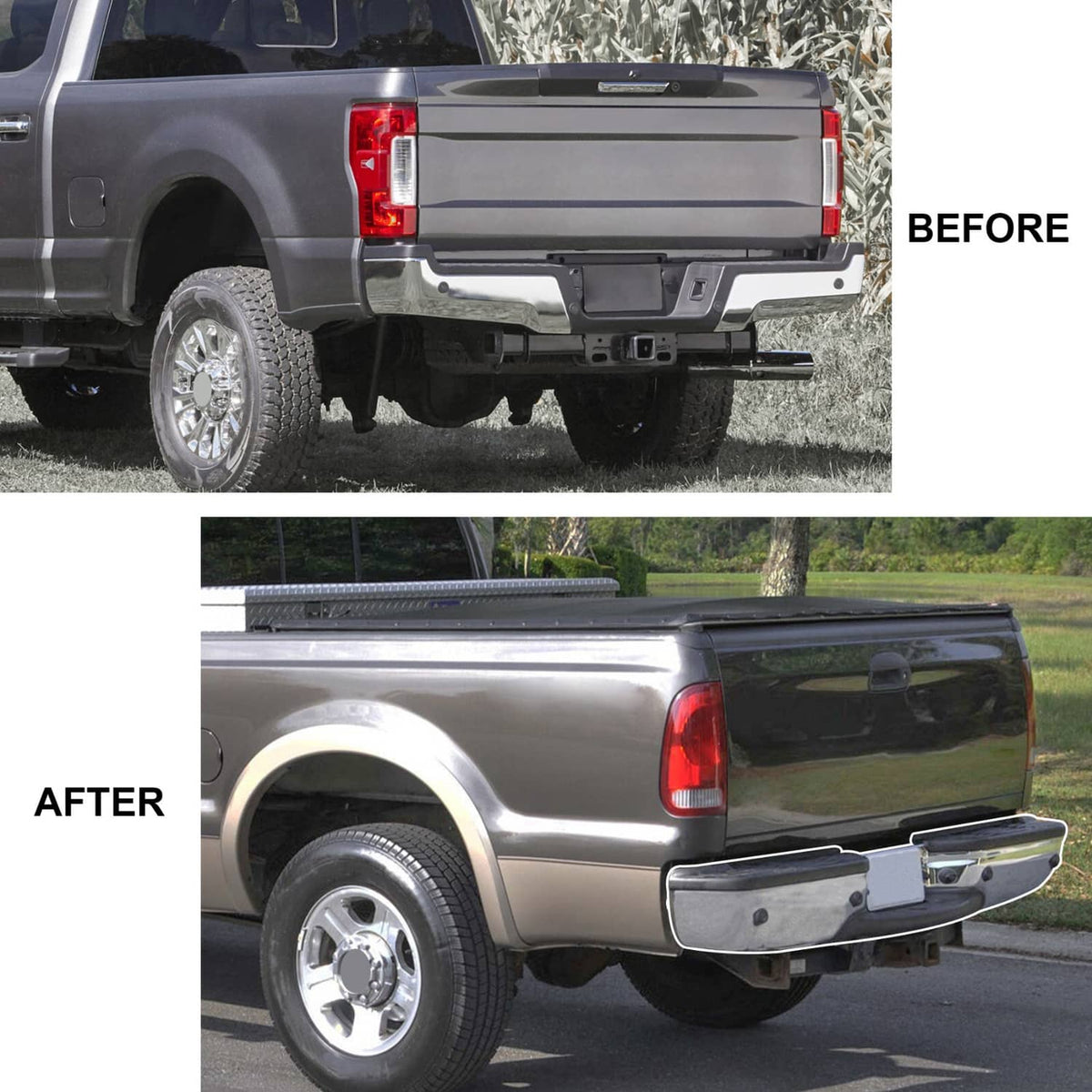 Installed chrome rear step bumper on pickup truck with black step pad and sensor cutout