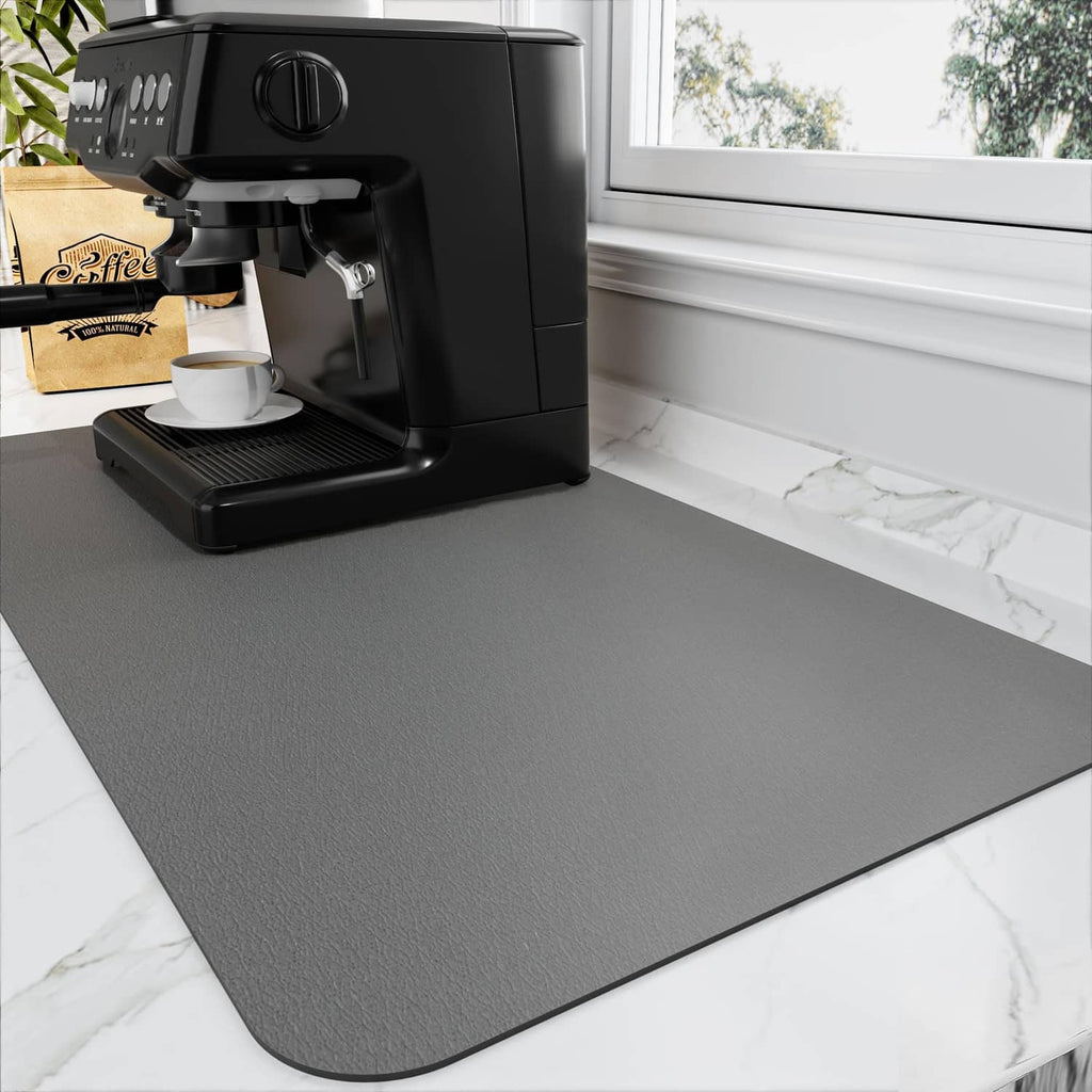 Dark gray coffee mat with absorbent surface and rounded corner design