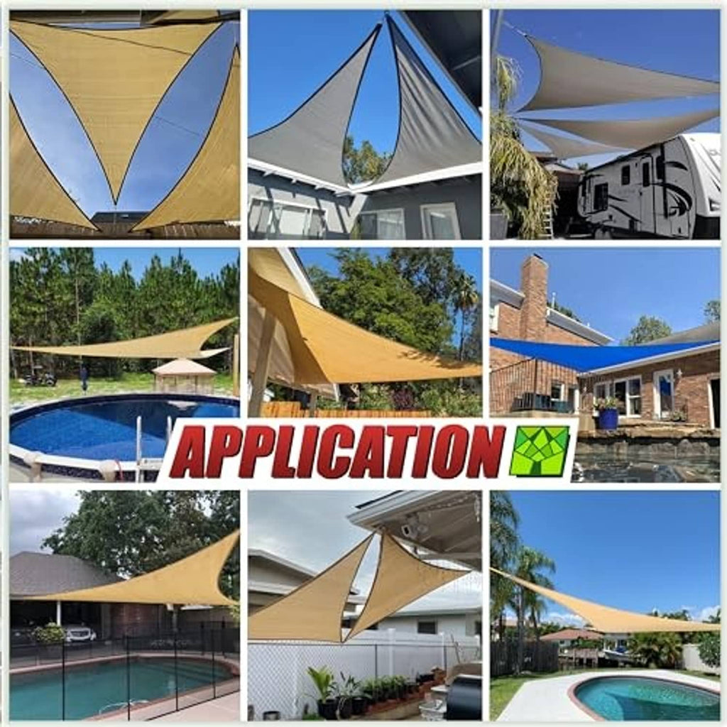 Triangular shade sail application collage for pools, patios, and outdoor coverings
