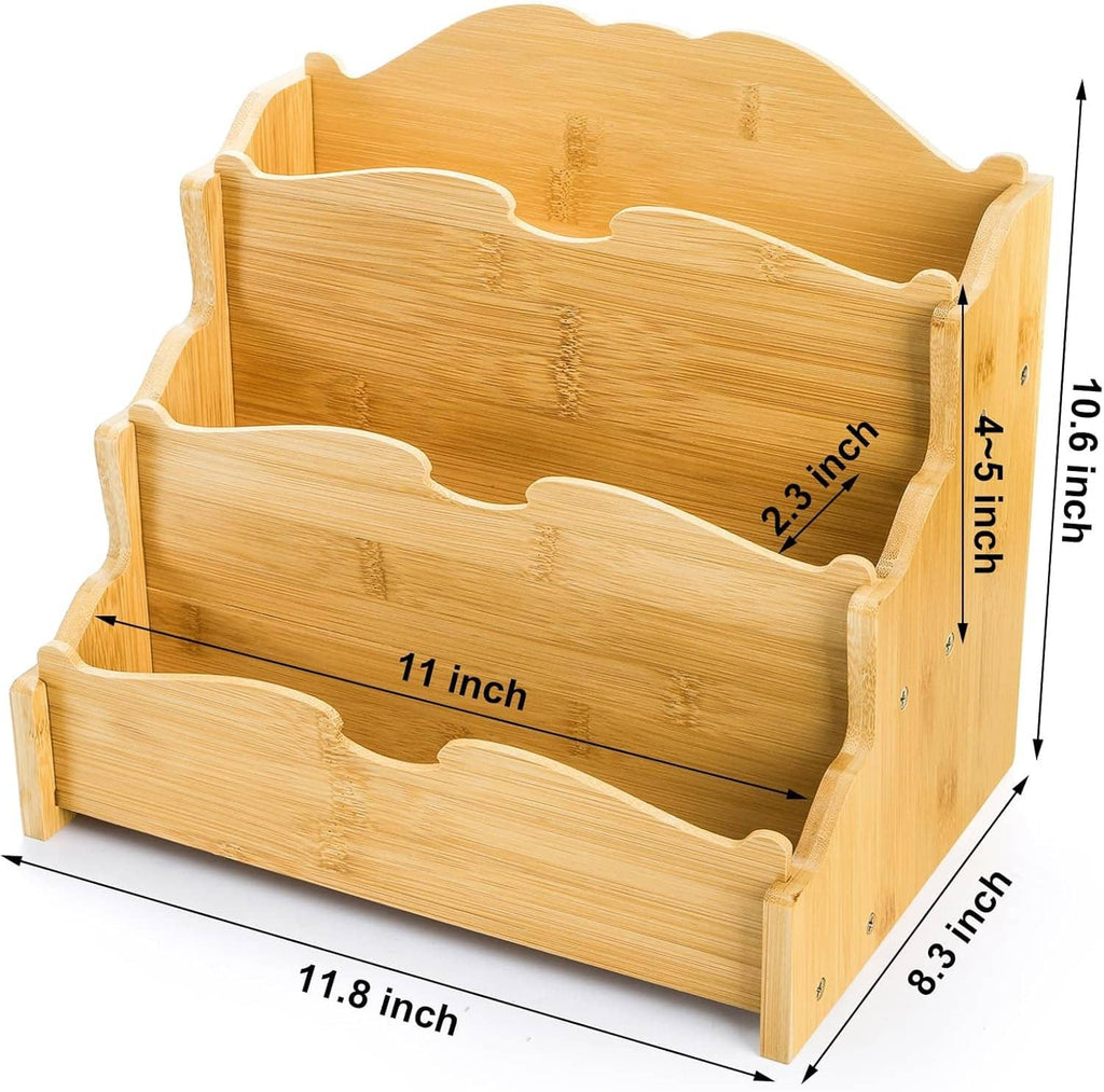 Bamboo 3-tier greeting card holder with scalloped dividers, side view