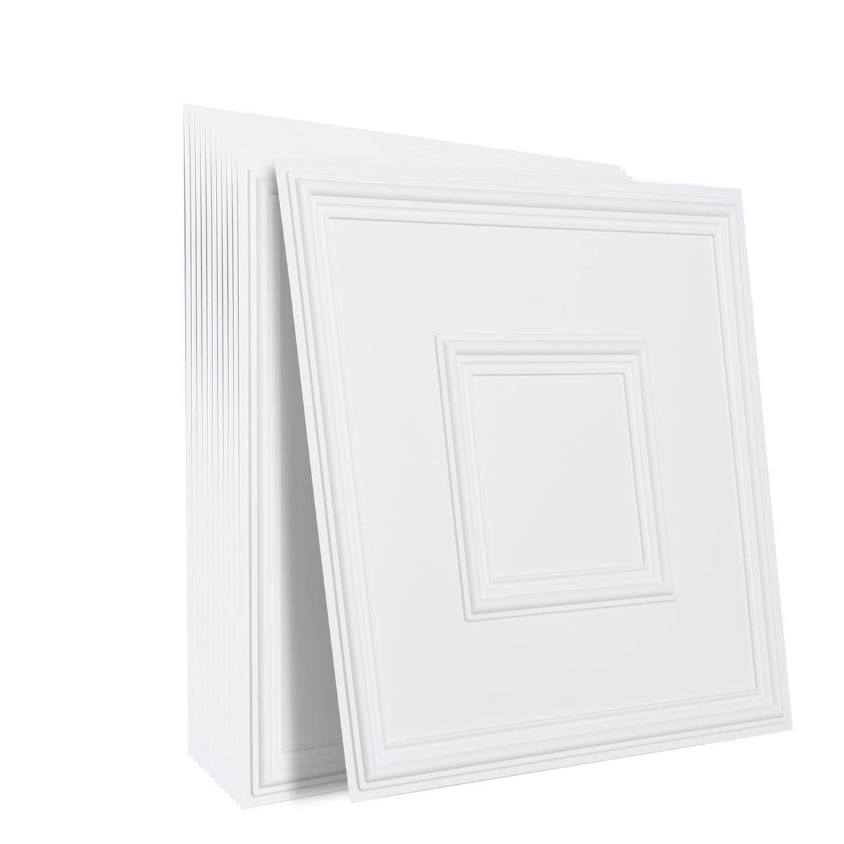 Stacked white PVC ceiling tiles with square geometric frame embossed texture