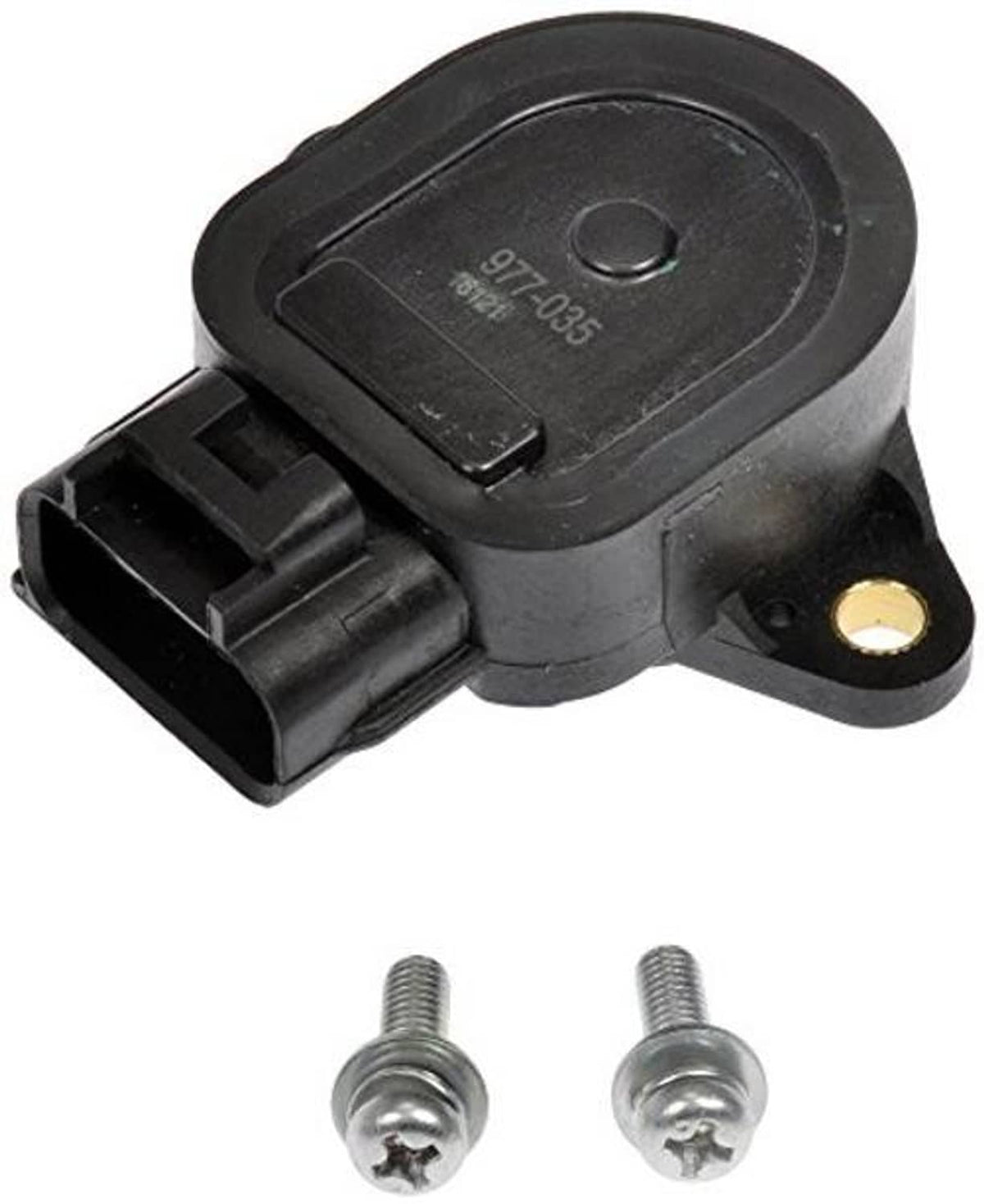 Throttle position sensor with black plug, gold contact, and two mounting screws
