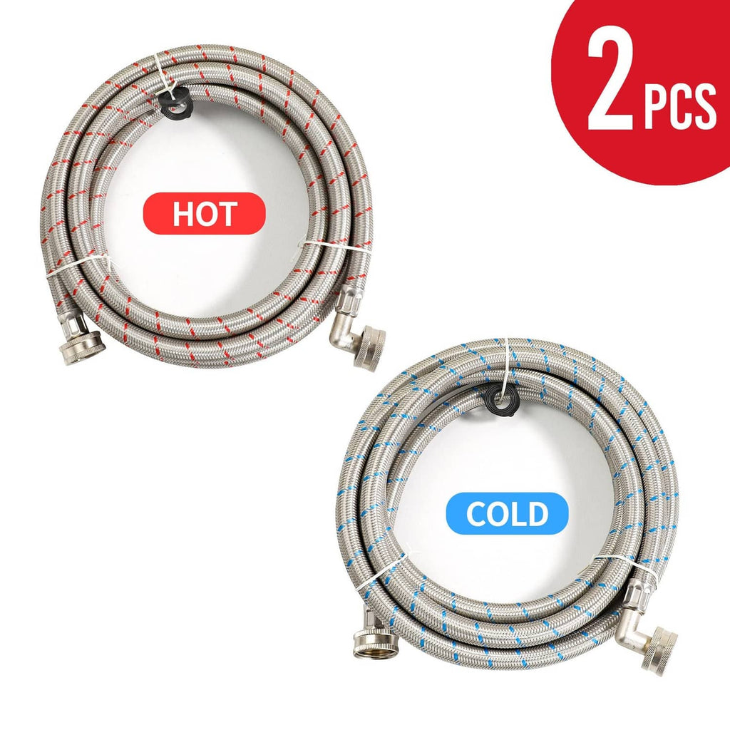 2-pack braided stainless washing machine hoses, red and blue, with metal end fittings