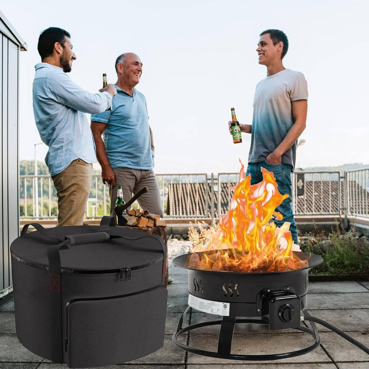 Black round carrying bag on patio beside portable outdoor fire pit