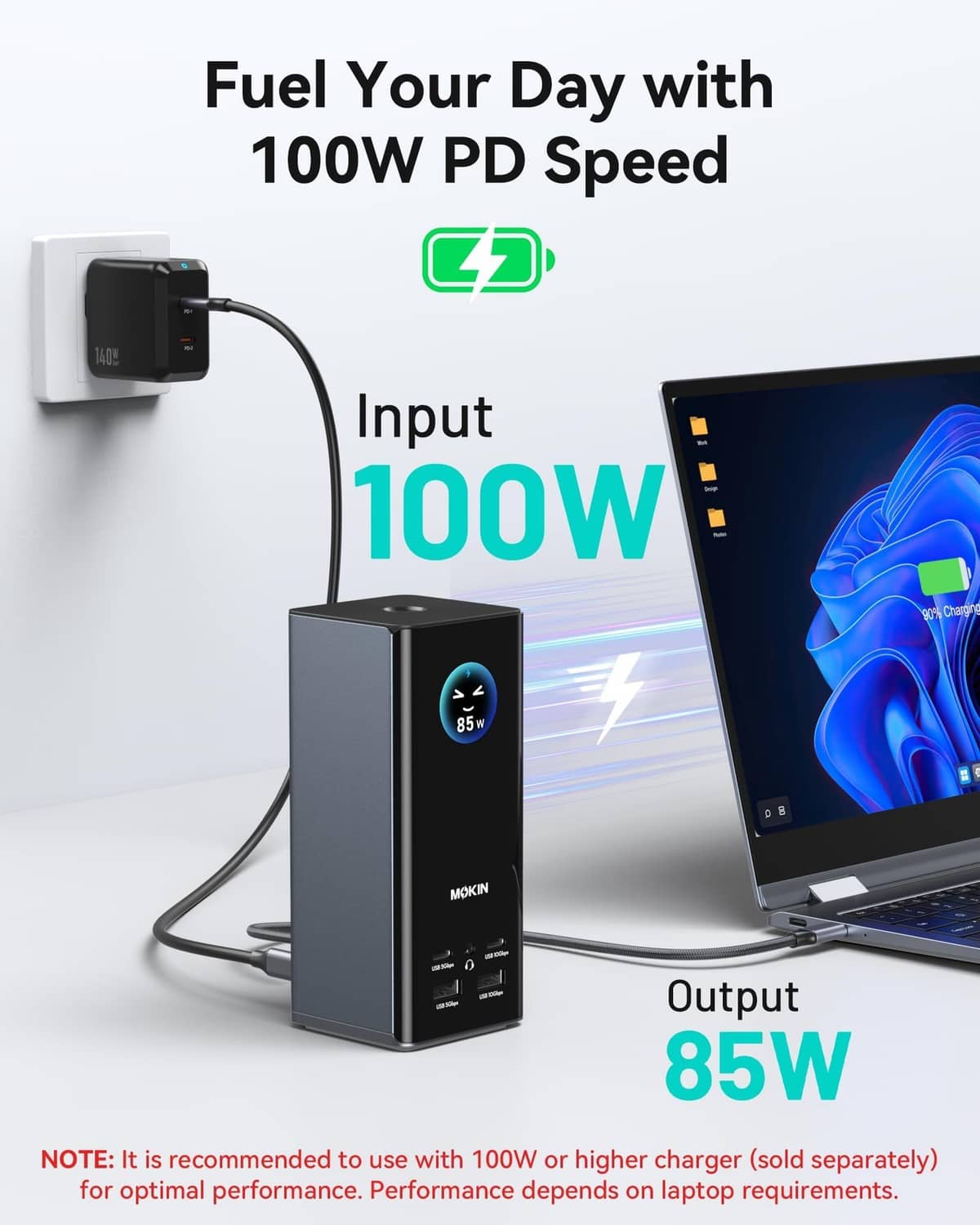 USB-C docking station with 100W input and 85W output charging, compact dark gray body