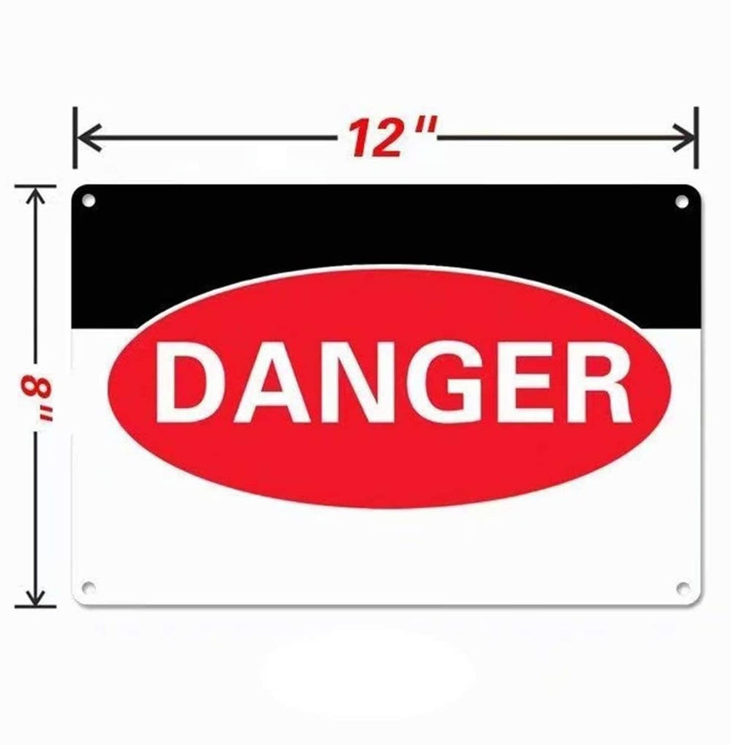 Metal tin sign with red oval DANGER text on black background, 12 in wide