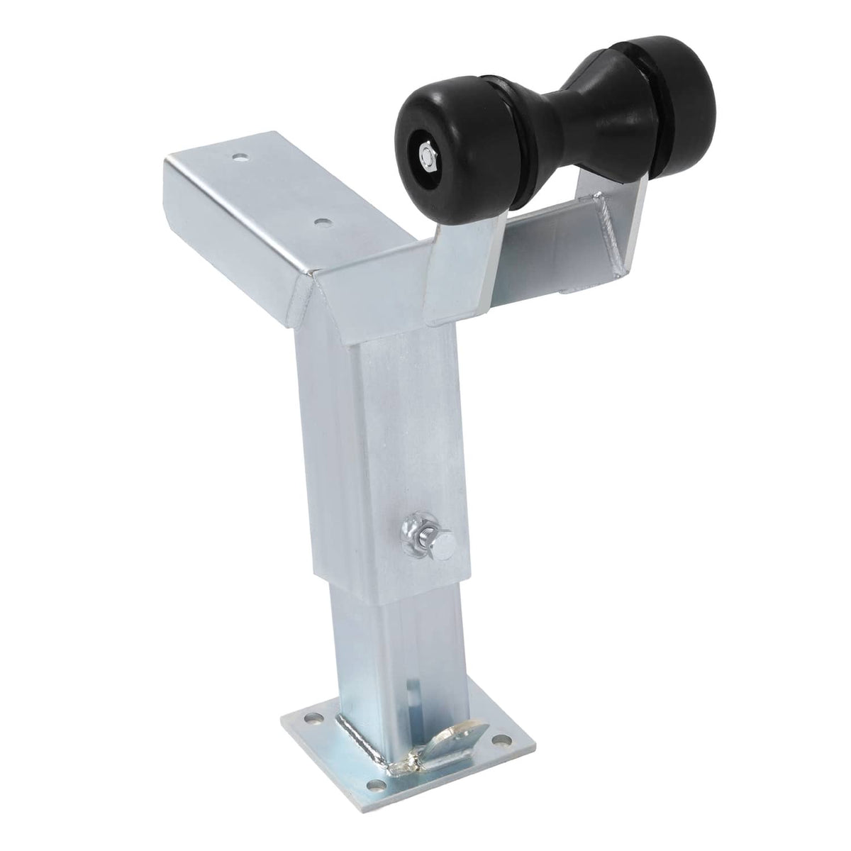 Height-adjustable winch stand with black roller and flat mounting foot, galvanized steel