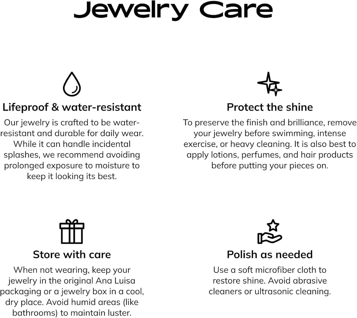 Jewelry care infographic with Lifeproof and water-resistant care icons