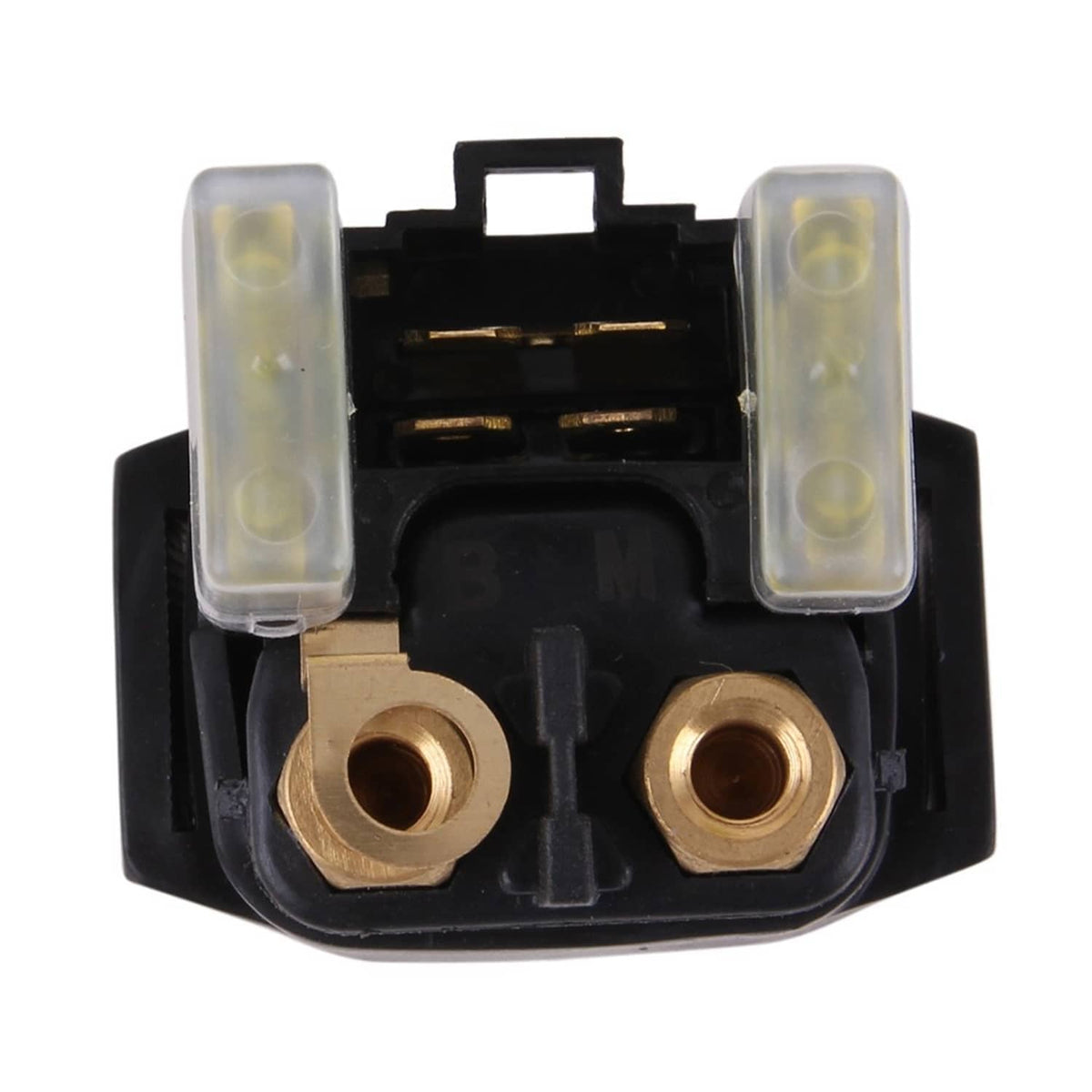 Starter relay solenoid face view with two gold posts and clear yellow fuse windows