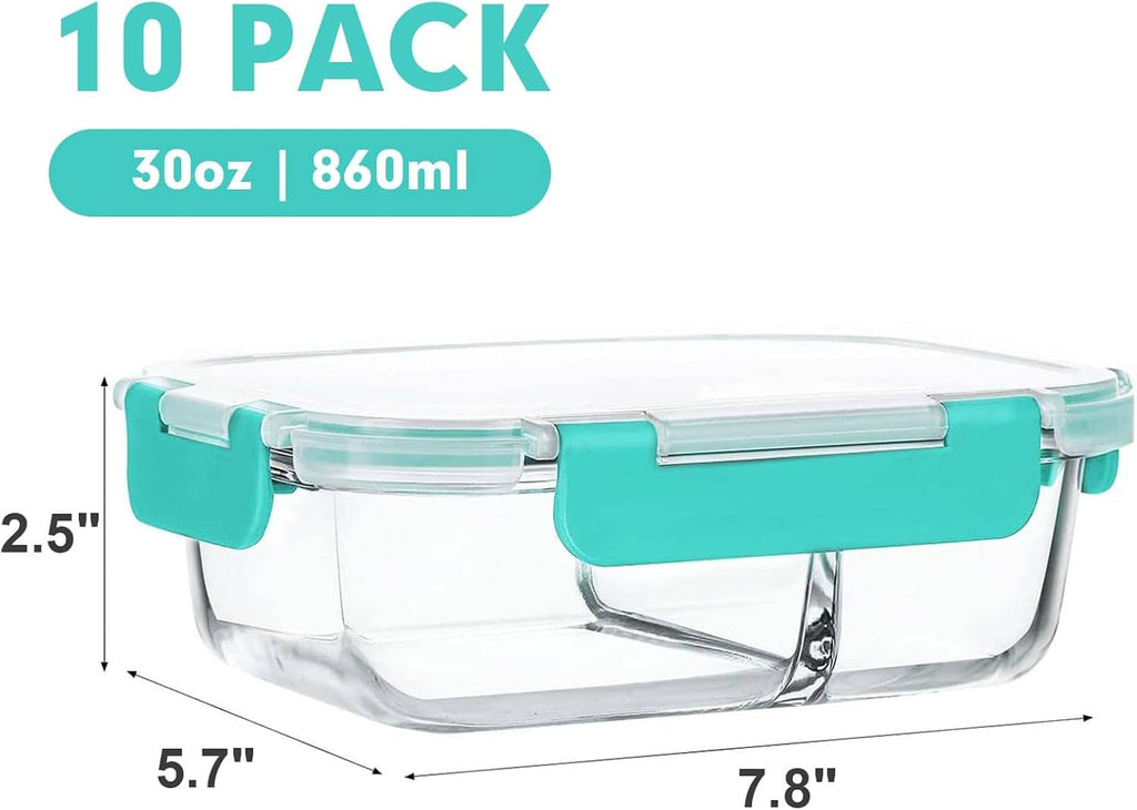 Clear 2-compartment glass bento meal prep container with teal airtight lid, shown with size