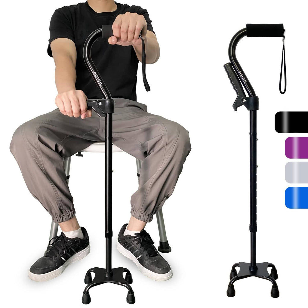 Foldable black walking cane with four-leg base and wrist strap handle