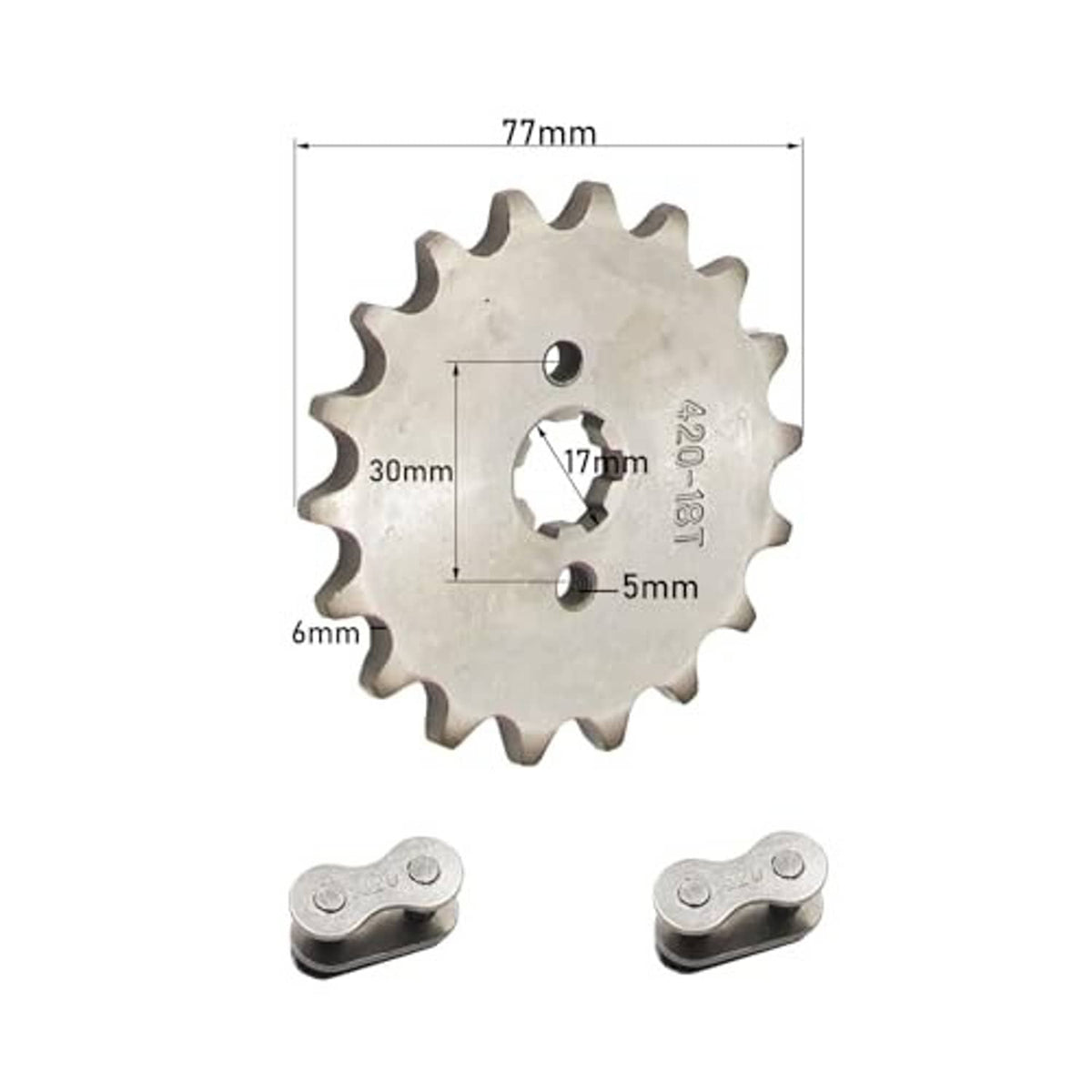 18T #420 chain front pinion sprocket with dimensions and two link clips