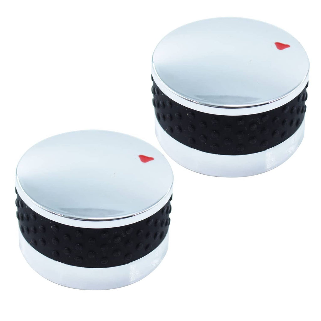 Two propane control knobs with silver tops, black textured grips, and small red indicator marks
