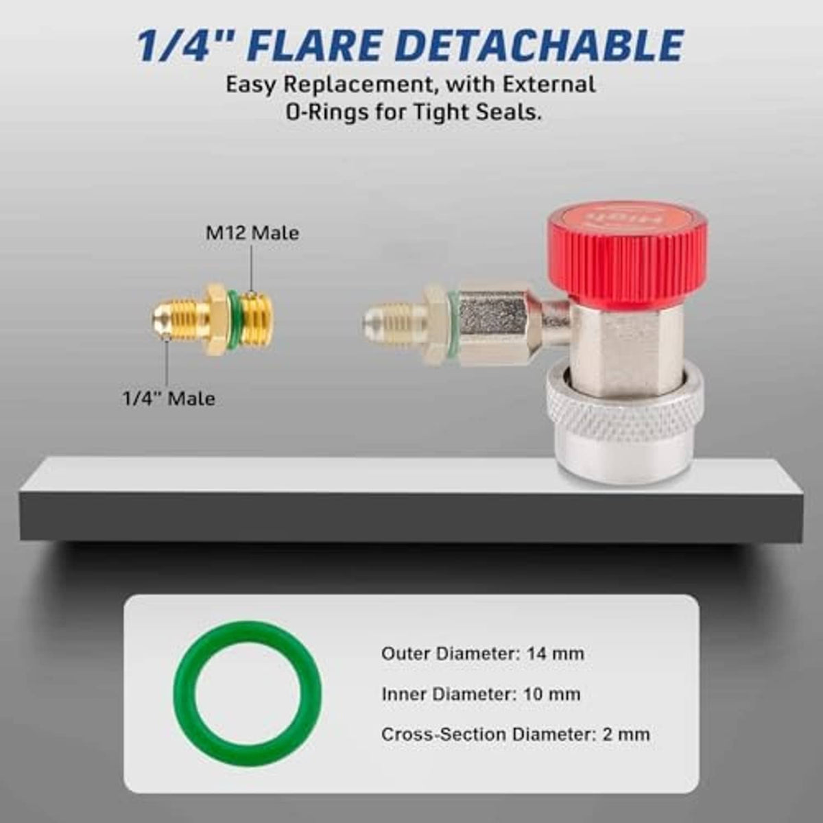 1/4 in flare detachable refrigerant adapter with M12 male fittings and O-ring seal