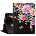 Black floral iPad 9.7 case with pink flowers and butterfly design, folio cover