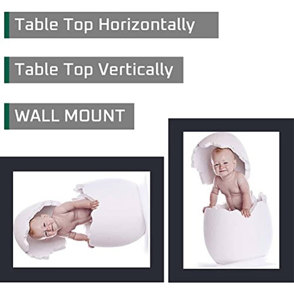 Black picture frames shown for wall mount and tabletop placement with portrait photos