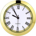 Round quartz clock insert with gold bezel, white dial, black Roman numerals, three hands