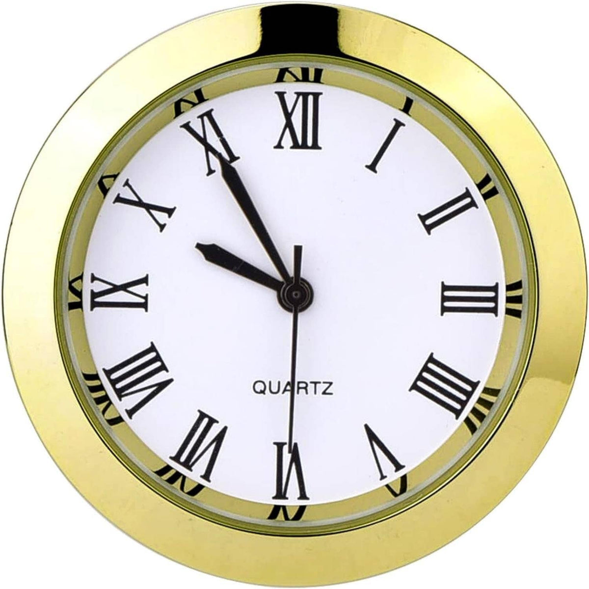 Round quartz clock insert with gold bezel, white dial, black Roman numerals, three hands